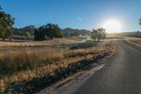 the sun sets over a grassy field behind the road and trees in the background as the sun is setting on the horizon