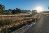 the sun sets over a grassy field behind the road and trees in the background as the sun is setting on the horizon