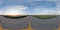 three different photographs show a sunset with a cloudy sky and a curved road in the middle