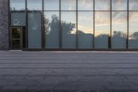 a sidewalk leading up to a glass walled building with trees in the background at sunset