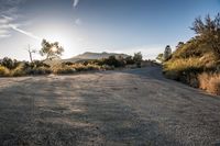 the sun is shining on a road with gravel and bushes in the foreground and mountains