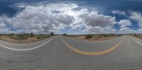 360 view of road with clouds and sky in background on cloudy day in desert area