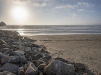 this is an image of a person riding a surfboard on a beach near the ocean