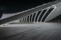 the walkway has several small arches at night with lights lit on them in front of a building