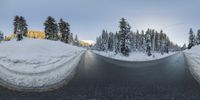 multiple pictures of a road with snow, trees and mountain in the background all around