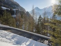 a road near some snowy trees near some mountains with snow on them, and sun shining in the background