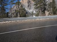 the road runs along a mountain with snow in the background and pine trees lining both sides of it