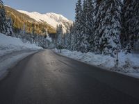 a road with a snow covered mountain and evergreen trees on each side on it at dusk