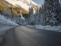 a road with a snow covered mountain and evergreen trees on each side on it at dusk