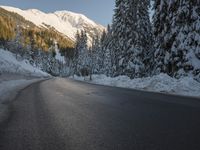 a road with a snow covered mountain and evergreen trees on each side on it at dusk