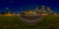 the city lights are shining on this night street scene photo shoot, taken at one point with a fisheye lens