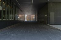 a long walkway in an outside area between buildings with a fire hydrant to the right