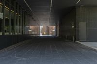 a long walkway in an outside area between buildings with a fire hydrant to the right