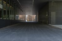 a long walkway in an outside area between buildings with a fire hydrant to the right