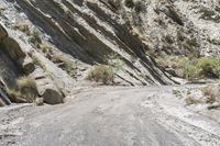 a motorcycle is traveling down an empty dirt road in a mountainous area with steep cliffs