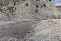 an animal walks through a muddy road in the middle of nowhere and desert land, surrounded by rocky hills