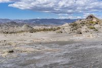 rocky landscape with rock formations and mountains in the background on a sunny day, showing the ground and dry grass