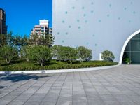 a concrete walkway in front of buildings and trees with circular designs on it in a city