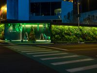 the street has many lights, trees, and other decorations on it at night time