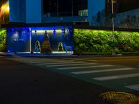 the street has many lights, trees, and other decorations on it at night time