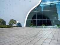 an outside view of a building with windows and lots of greenery and plants in front of it