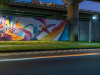 a very nice wall with some very cool artwork in it's background and the light from cars turning around it