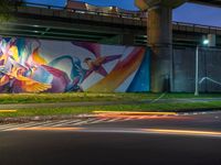 a very nice wall with some very cool artwork in it's background and the light from cars turning around it