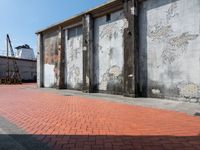 an empty building sitting in front of two tall pillars with peeling concrete panels attached to the side