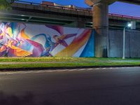 a painted mural is on a wall in front of a highway overpass in a city