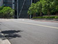 two yellow painted lines on the road in front of a tall building with windows and tree lined walkways