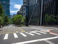 empty city street with multiple lanes on both sides of the street and lots of green trees in the middle of the road