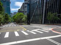 empty city street with multiple lanes on both sides of the street and lots of green trees in the middle of the road