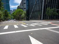 empty city street with multiple lanes on both sides of the street and lots of green trees in the middle of the road