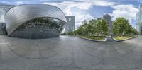 a 360 - view shot of a modern building with a sky background in the foreground