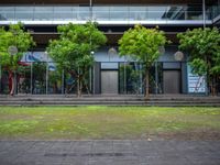 a person sitting on a bench near a building with a window that has trees outside