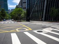 a cross walk on an empty city street, with lots of trees and buildings in the background