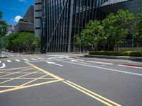 a road with lines and yellow painted on the sides of it in a city park