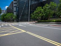 a road with lines and yellow painted on the sides of it in a city park