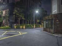 night time picture of parking lot with parking meter in the background on a street corner