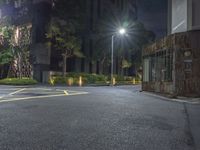 night time picture of parking lot with parking meter in the background on a street corner