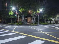 an empty crosswalk in a street at night with multiple lights on the street below it