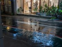 a person walks down the street while the rain falls on it and leaves are flying off of an open building