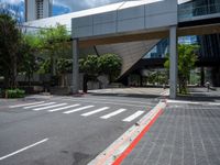 a pedestrian crossing over a red painted line on the road near buildings and trees in the background