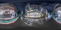 multiple pictures of a street at night with a rain storm approaching from a building and an intersection