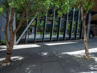 an empty street is lined with tall buildings and trees in front of the building is covered in mirrors