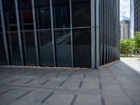 an empty sidewalk in front of a tall building next to trees and grass on the sidewalk