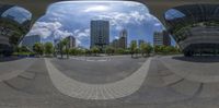 a city intersection, with a view from a large convex lens camera on the ground