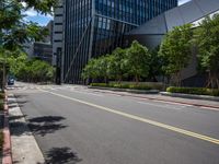 a city street lined with tall buildings and trees, near a sidewalk near bushes and trees