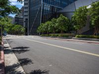 a city street lined with tall buildings and trees, near a sidewalk near bushes and trees