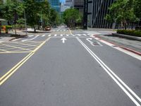 a wide road with buildings and trees in the middle of the road in front of it